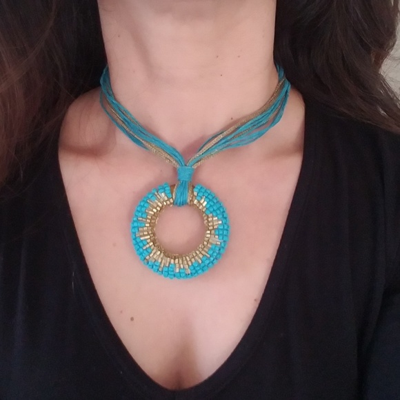 Turquoise Gold Beaded Statement Necklace Handmade NEW